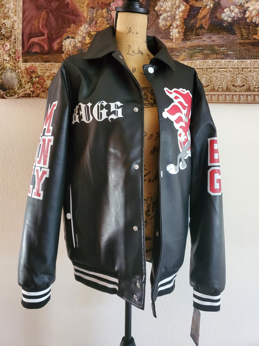 Members Only Black Bomber Jacket with Red and White Graphics